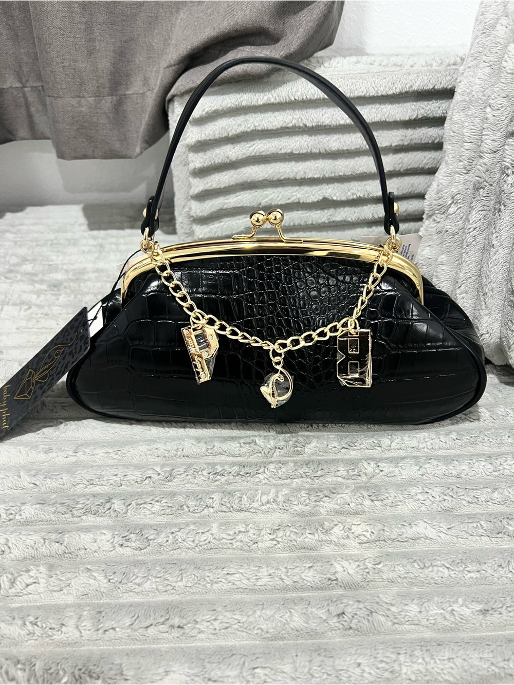 Baby phat Black Croc-Embossed Frame Clutch with Gold Charm Chain